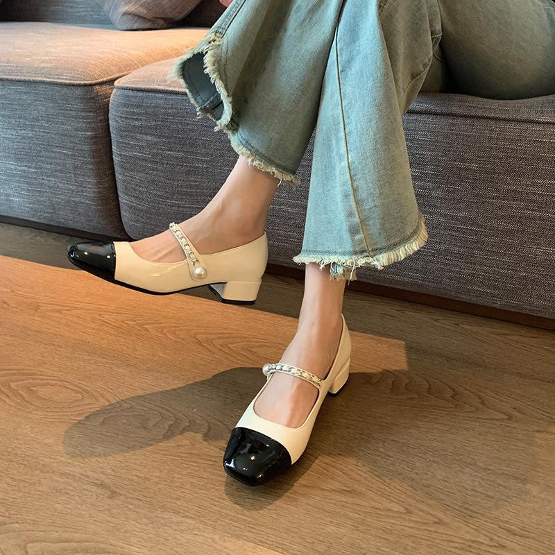 Womens Silver Black Two Tone Square Toe Mary Jane Block Heel Pumps Rhinestone Strap Pearl Buckle Elegant Office Daily Shoes
