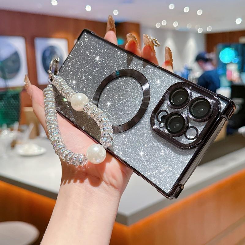 Glitter Case For iPhone 16 Pro Max 17 14 15 Plus Bracelet Short Chain Pearl Diamond Strap Lanyard Shockproof Magnetic Soft Cover