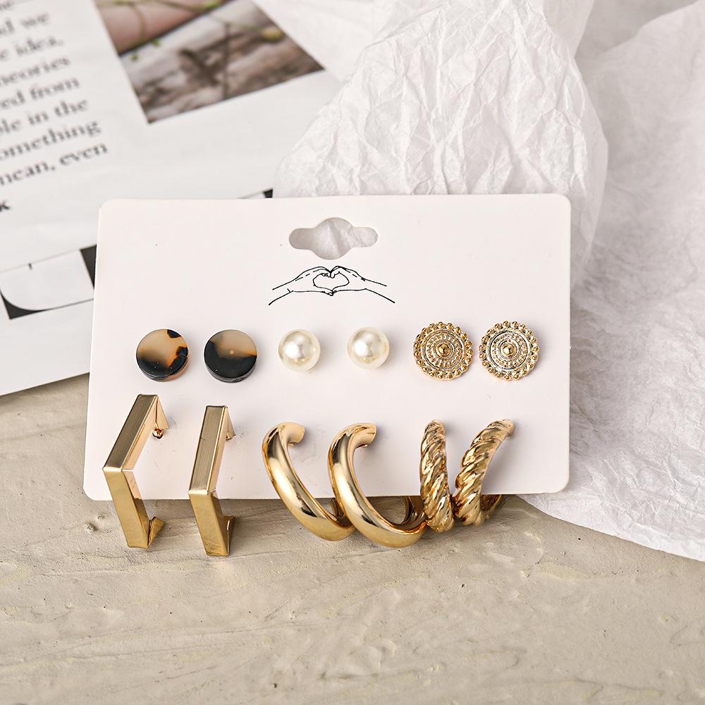 European and American retro pearl earrings set, metal earrings, heart-shaped butterfly earrings, geometric jewelry 1 pair