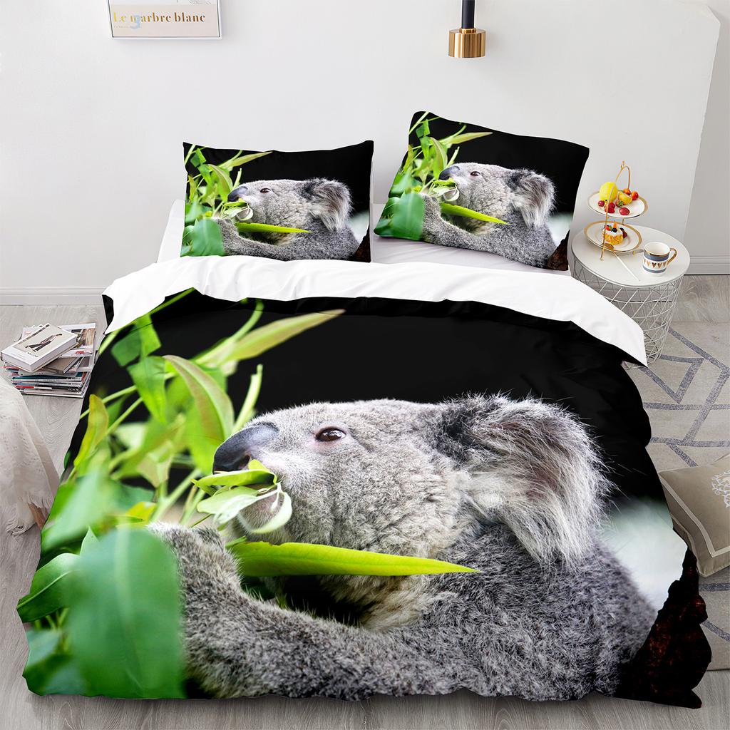 Zestaw Poszwy na Kołdrę Koala Uroczy Wzór Zwierzęcy Zestaw Pościeli Liść Palmy Poliester Poszwa na Kołdrę dla Dzieci Rozmiar Pełny/Twin/Queen/King