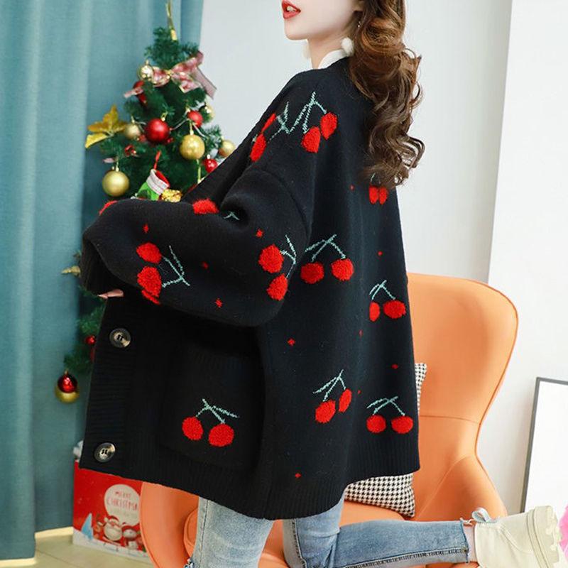 Women Fruit Printting Knitted Sweater Cardigans Single Breasted Long Sleeve Loose Sweater Tops