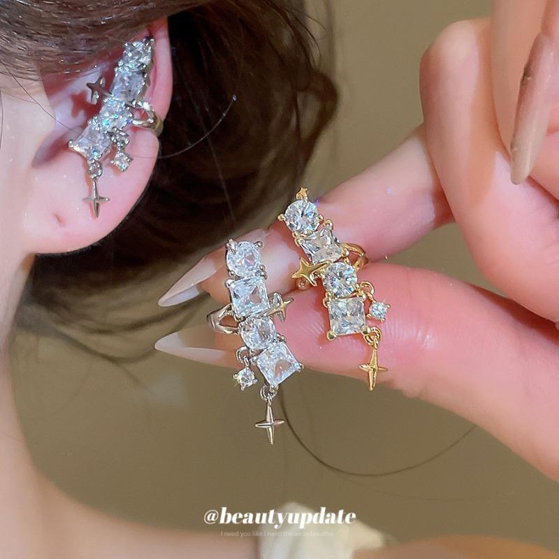 Bright Mangxing~ Shiny Diamond Ear Clips Women's No Ear Piercings Light Luxury Ear Bone Clips Light Luxury Premium Versatile Earrings