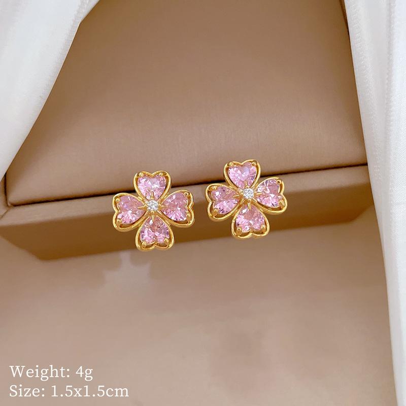 Necklace Earrings Set Light Luxury Full Diamond Four-Leaf Flower Love Personality Temperament Banquet Earrings Item Group