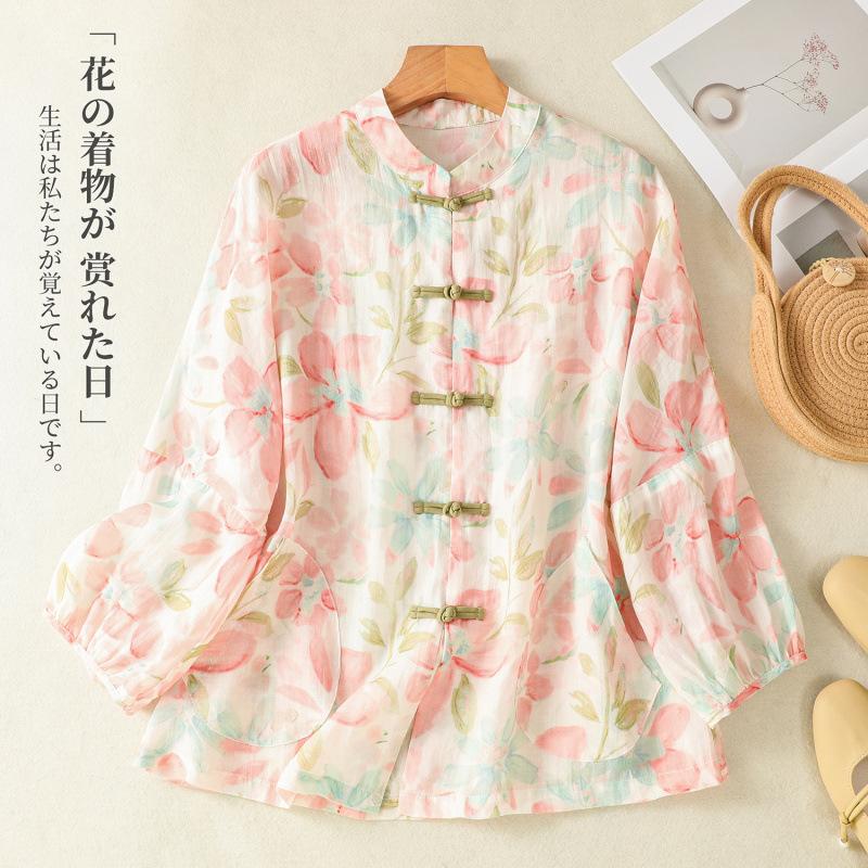 National style imitation ramie shirt women's 1116 spring new Chinese stand-up collar disc-buckle printed shoulder-length sleeve top