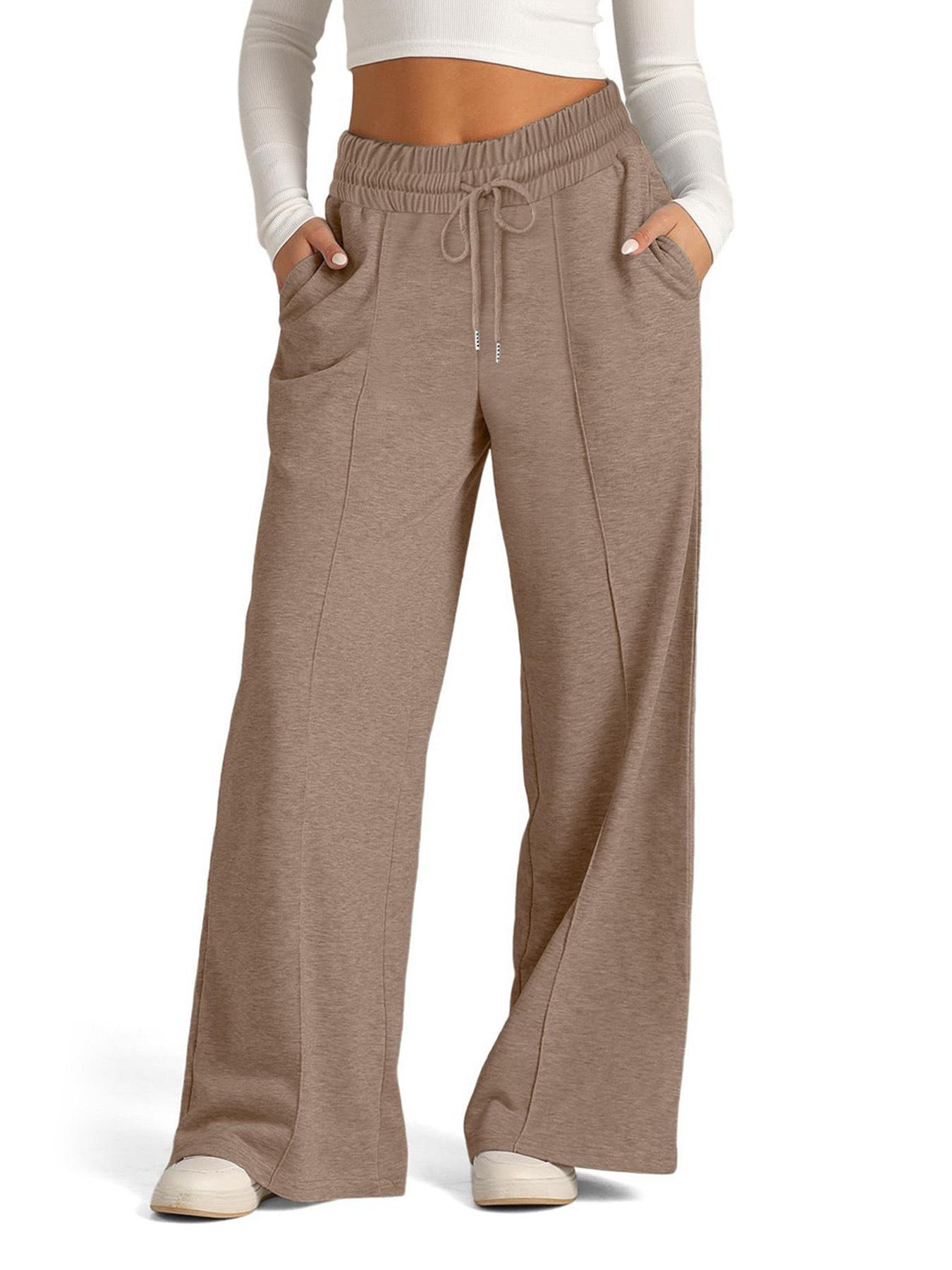 

Autumn Winter European American Women Tie Waist Solid Color Fashion Wide Leg Casual Trousers 2XL коричневый