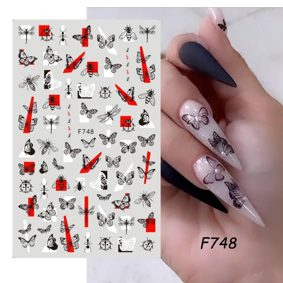 1 ark 3D självhäftande nagelklistermärken Dekaler Bokstav Blomma Löv Fjäril Våglinje Nail Art Decoraton