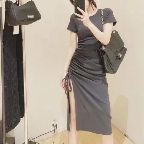 New summer elastic slim fit bag arm lace-up side split long dress women's short-sleeved T-shirt drawstring skirt