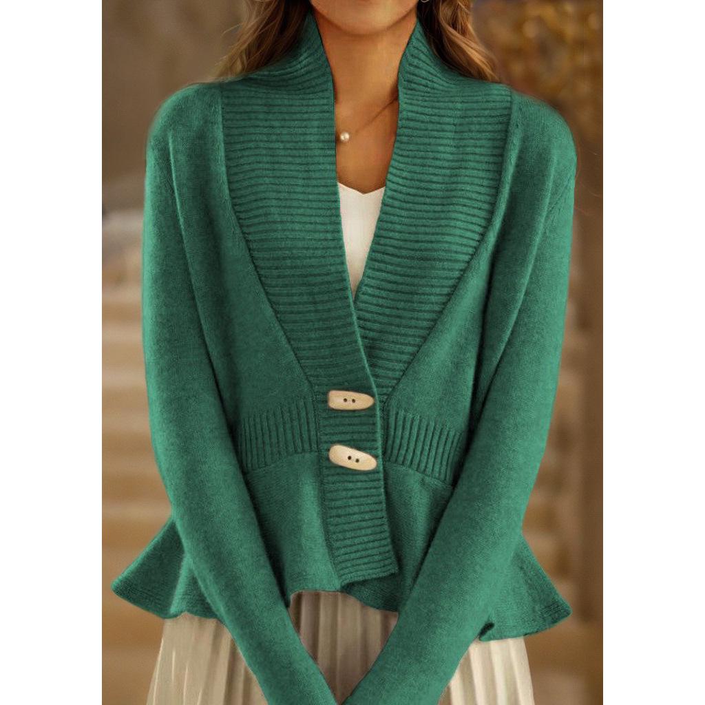 2024 Autumn/Winter Women's Retro Knit V-Neck Cardigan with Ruffle Hem