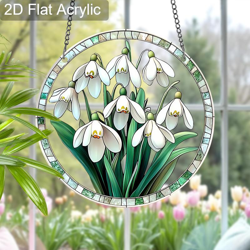 Acrylic Snowdrop Flowers Suncatcher, Stained Glass Style Window Hanging Ornament for Floral and Nature Lovers