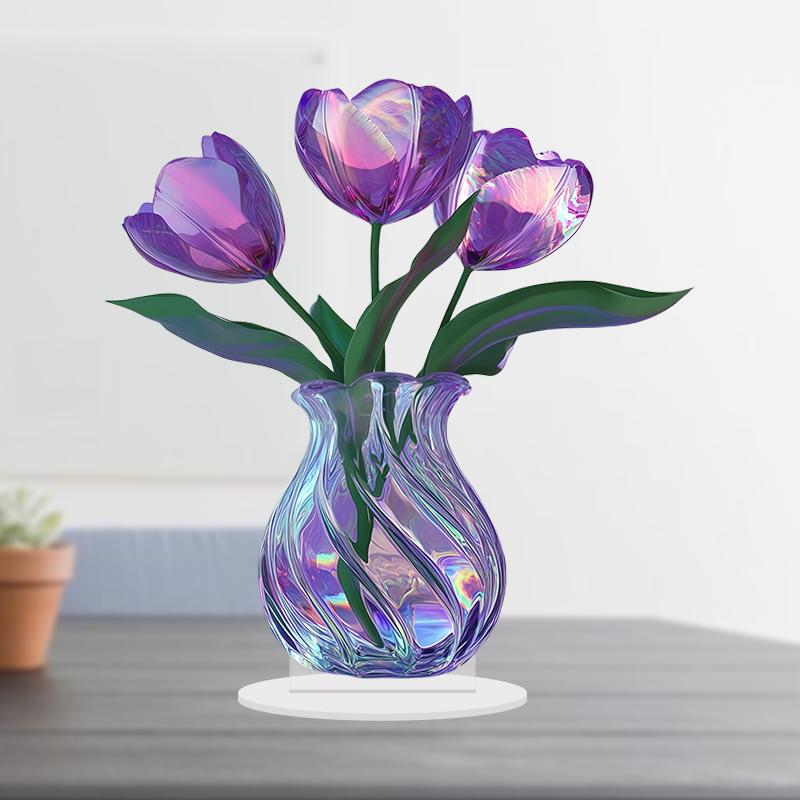 2D 8in Acrylic Purple Vase Three Tulips Colour Printing Environmental Protection Waterproofing Home Garden Farm Decor Gift