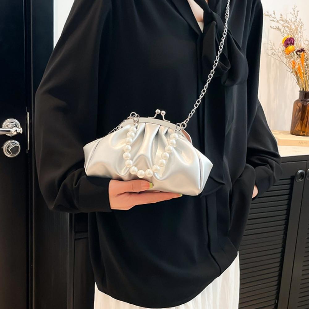 Pearl Handle Bag Trendy Shoulder Handbag Faux Leather Handbag Spacious Ruched Clutch Bag For Date Everyday Use Wedding