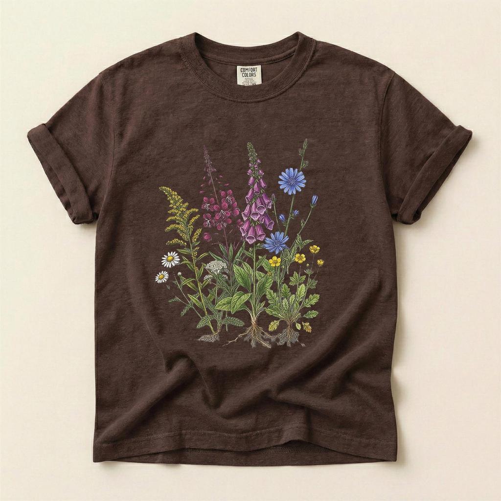 T-shirt Comfort Colors Fiori Selvatici Botanici, Maglietta Vintage Fiori Pressati