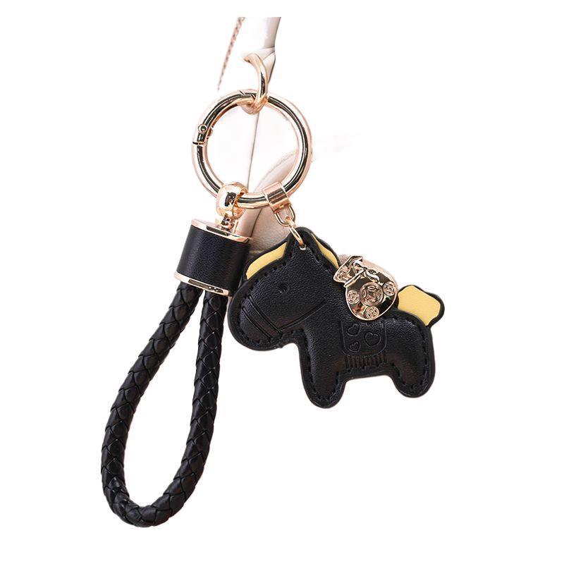 Exquisite Leather Cord Bag Charm & Car Keychain with Cute Horse Pendant Couple Bracelet