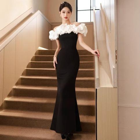 Premium French Black One-word Shoulder Temperament Socialite Banquet Dress Host Dress Slim Fishtail Dress