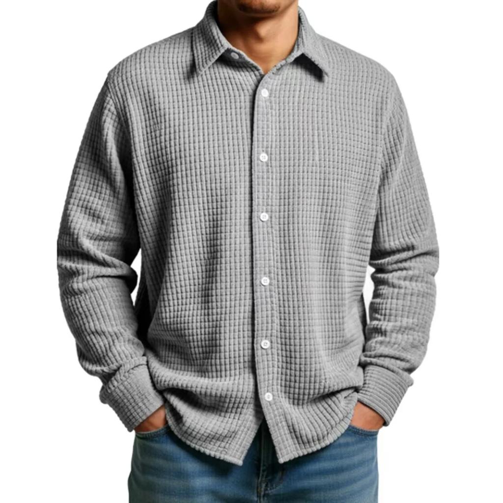 Spring Autumn Chic Men Casual Shirt Fashion Lapel Waffle Solid Color Breathable Loose Long Sleeve Shirts
