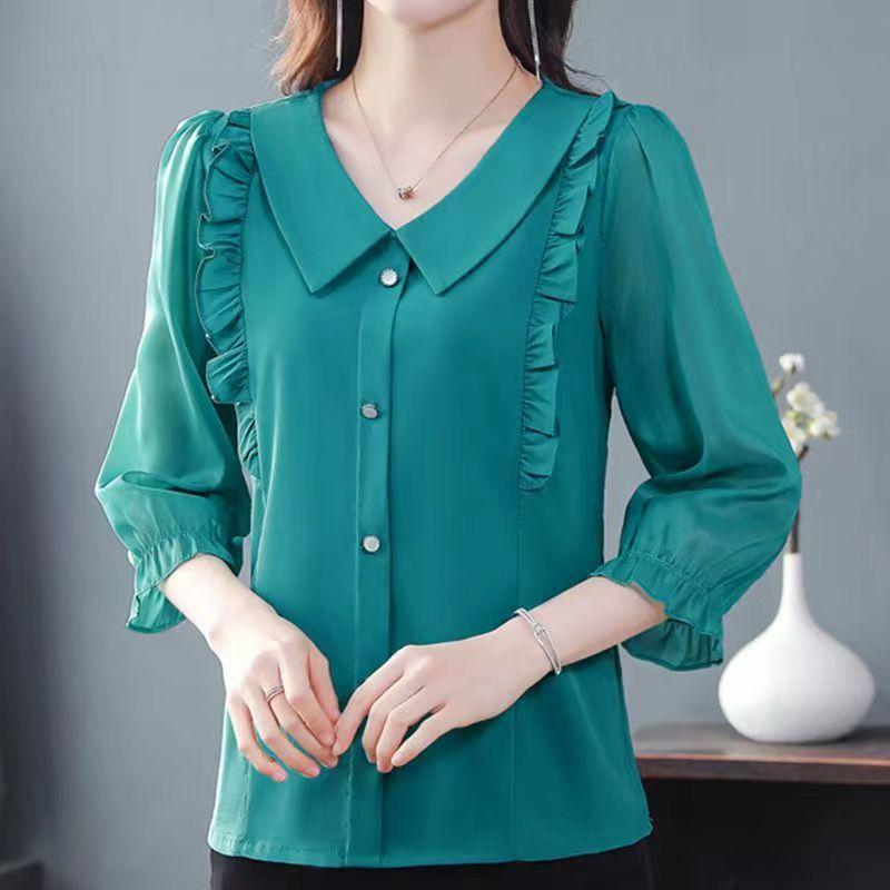 Women's Clothing Elegant Blouses Korean Fashion Solid Long Sleeve Casual Shirts Chic Loose All Match Chiffon Tops