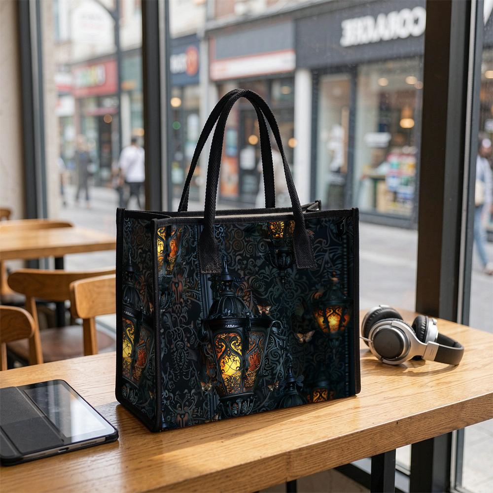Gothic Lantern Print Tote Bag Dark Vintage Style Ladies Daily Casual Shoulder Bag for Outing Shopping