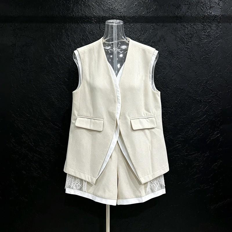 

Literary Casual Style Suit Sleeveless Collar Loose Straight Vest + High-waist Lace Spliced Shorts XXL абрикосовий