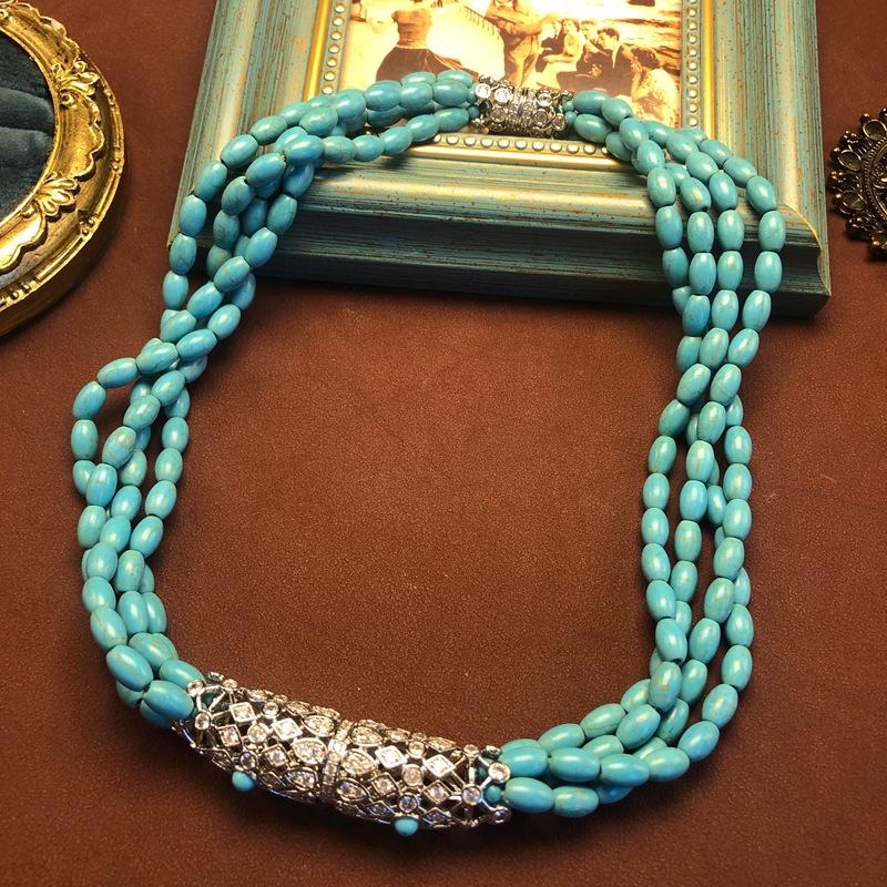 Colar Bohemian Turquesa com Contas e Interruptor de Rosca Cobre com Borla de Diamante Conjunto Longo de Clipe de Orelha de Ombro
