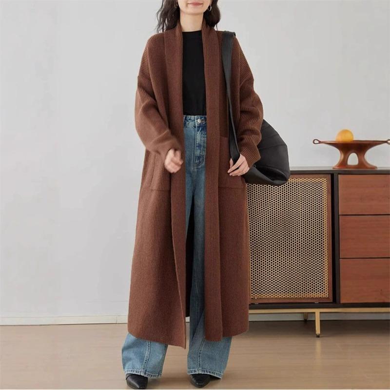 Autumn and winter new solid color commuting simple knitted cardigan women's loose lazy style long sweater jacket