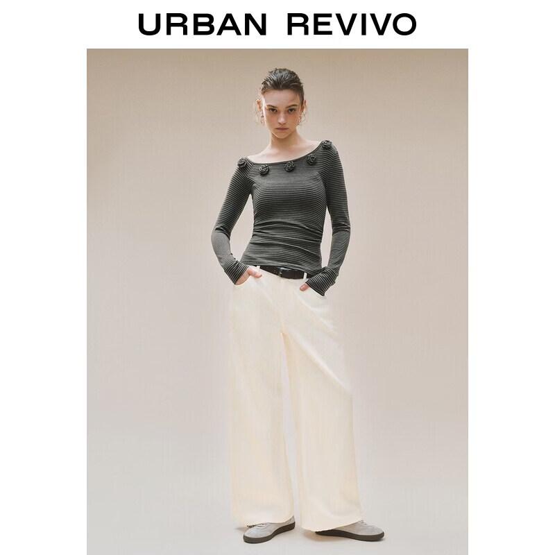 UR Women's Floral Striped Asymmetrical Neck Slim T-Shirt