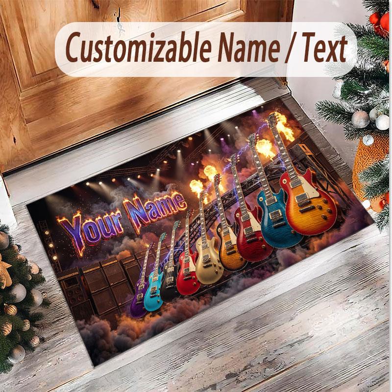 Music Guitar Theme Soft Crystal Velvet Rug Custom Name & Text Print Non Slip Floor Rug for Bedroom Living Room