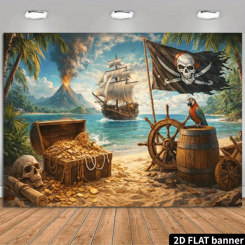 Pirate Treasure Island Backdrop with Ship, Treasure Chest and Parrot 47.2x31.5inch/120*80cm