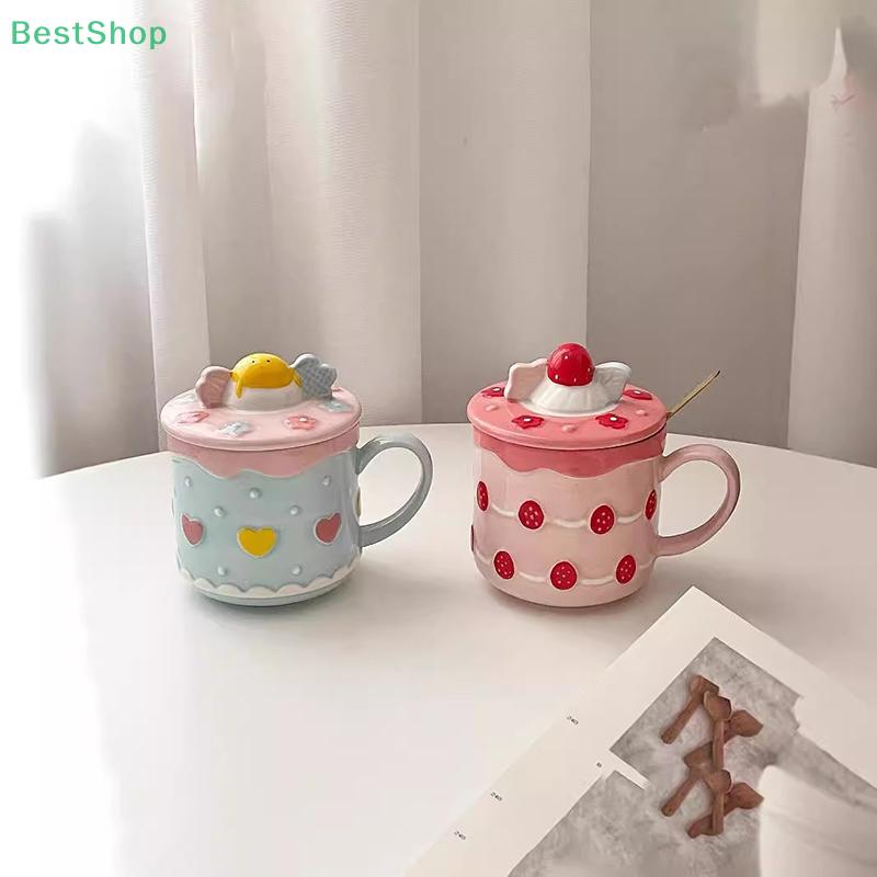 1ks 390ml keramický hrnek Vysoce hodnotný hrnek Strawberry Cake Cup Girls Roztomilý hrnek na vodu s víčkem Hrnek na domácí mléko na snídani