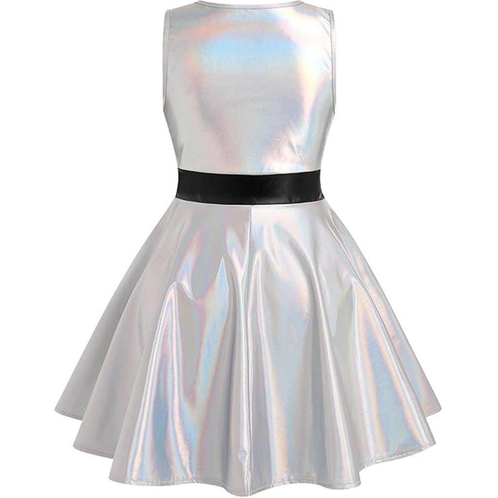 Girls Metallic Party Dress Sleeveless Round Neck A Line Design Contrast Waist Invisible Zipper Halloween Outfit