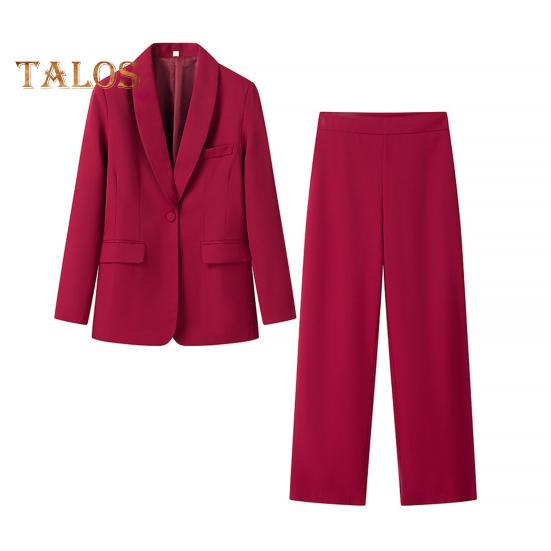 2Pcs/Set Women Office Outfit Lapel Long Sleeve Single Button Suit Coat High Waist Long Pants Set Business Workwear