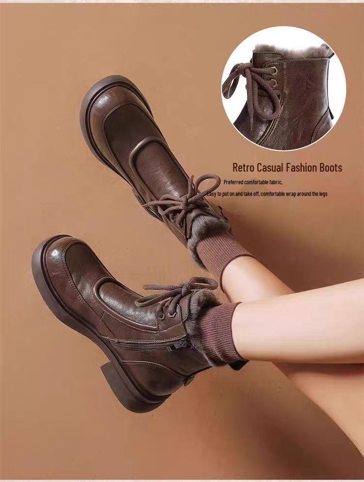 Women's Winter Thick-Soled Martin Boots – British Style, Fleece-Lined, Lace-Up Ankle Boots for Warmth in Snow, Available in Black and Brown.