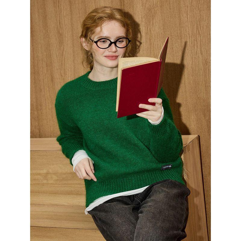 Coolhut Christmas Green Soft Retro Solid Color Basic Round Neck Loose Knit Lazy Style Winter Women's Sweater