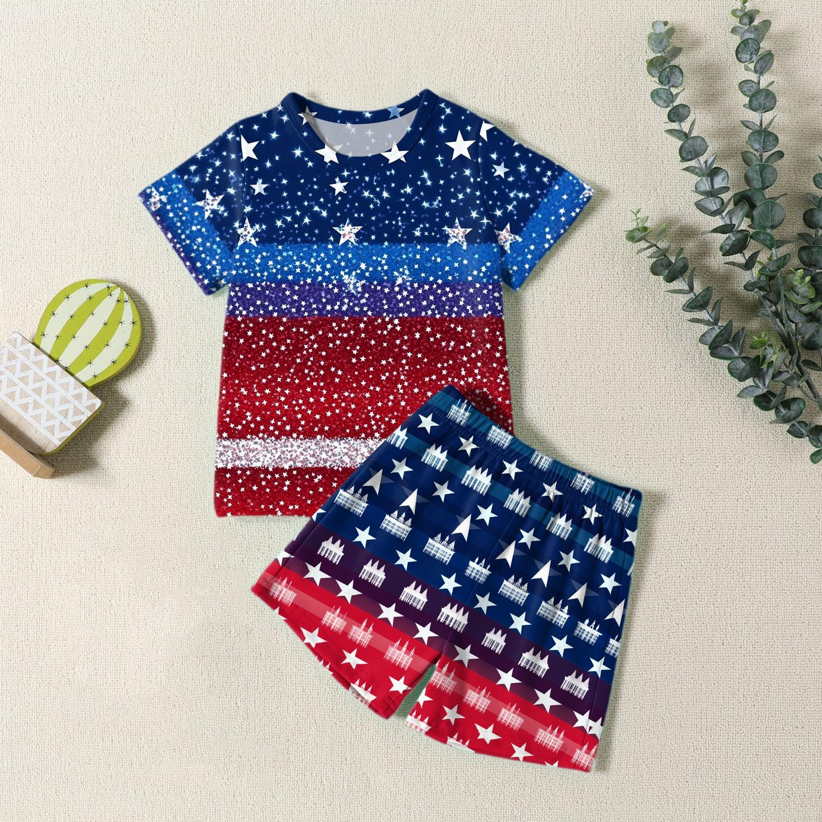 

Boys Girls Fashion Casual Round Neck Short Sleeve T-Shirt Shorts Independence Day Set 150 винный