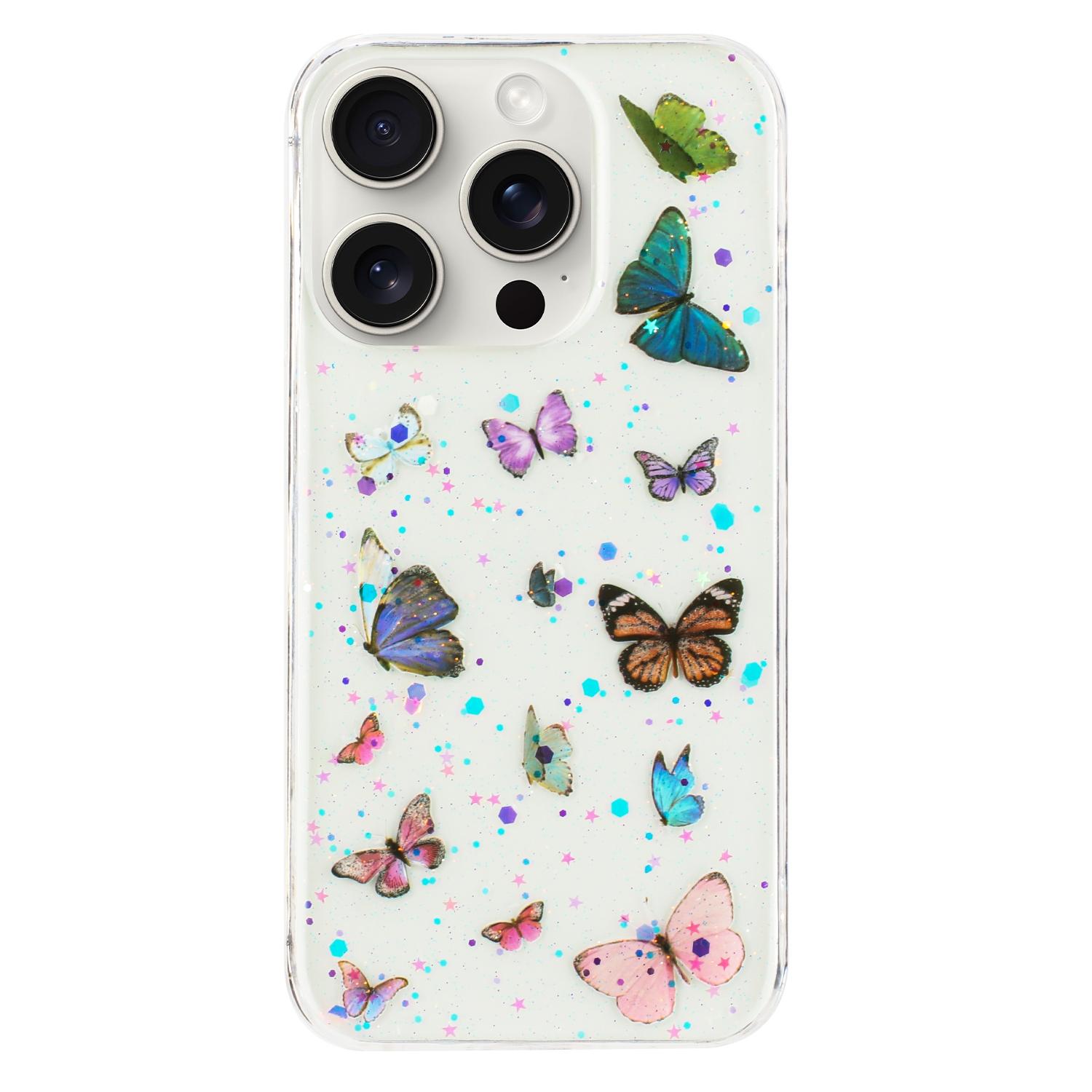 

For iPhone 15 Pro Max Case Anti Drop TPU Phone Back Cover Epoxy Glitter Butterfly Blue