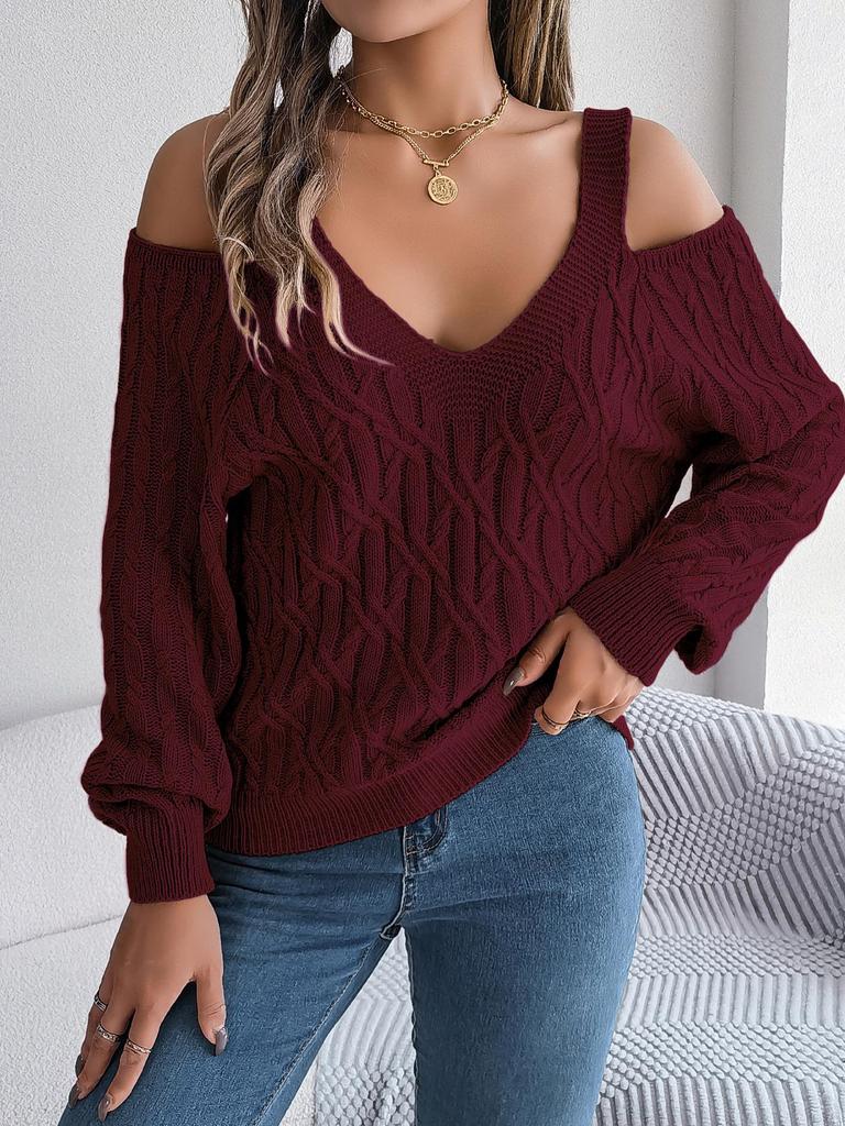 2025 Autumn/Winter Off-the-Shoulder Cable Knit Lantern Sleeve Sweater for Women