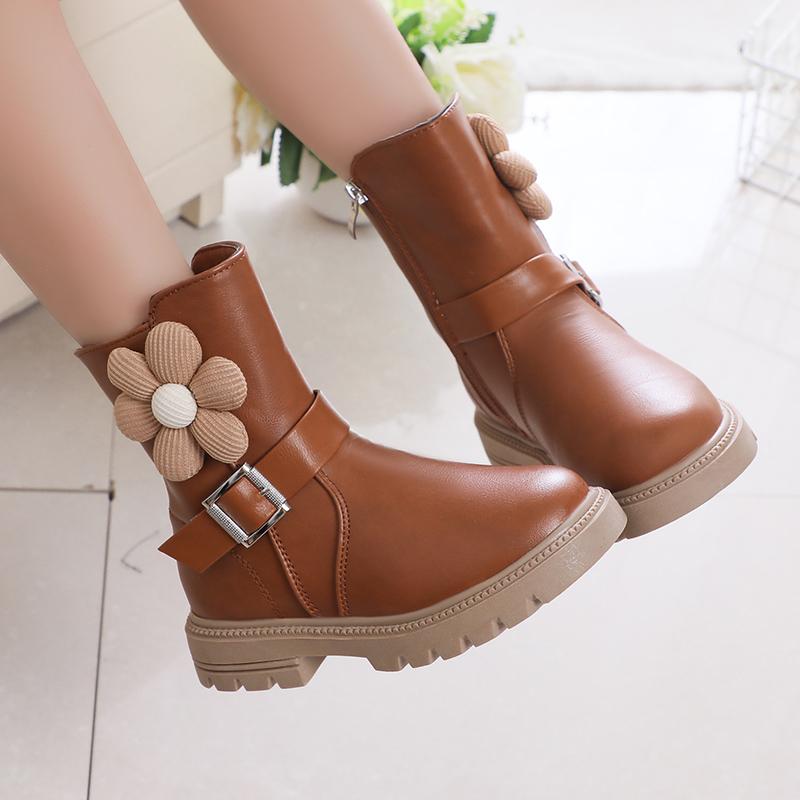 Sweet Princess Boots Flowers Cute Buckle Fashion Kids Shoes Side Zipper Children Casual Shoes PU 2024 New Brown Beige Elegant