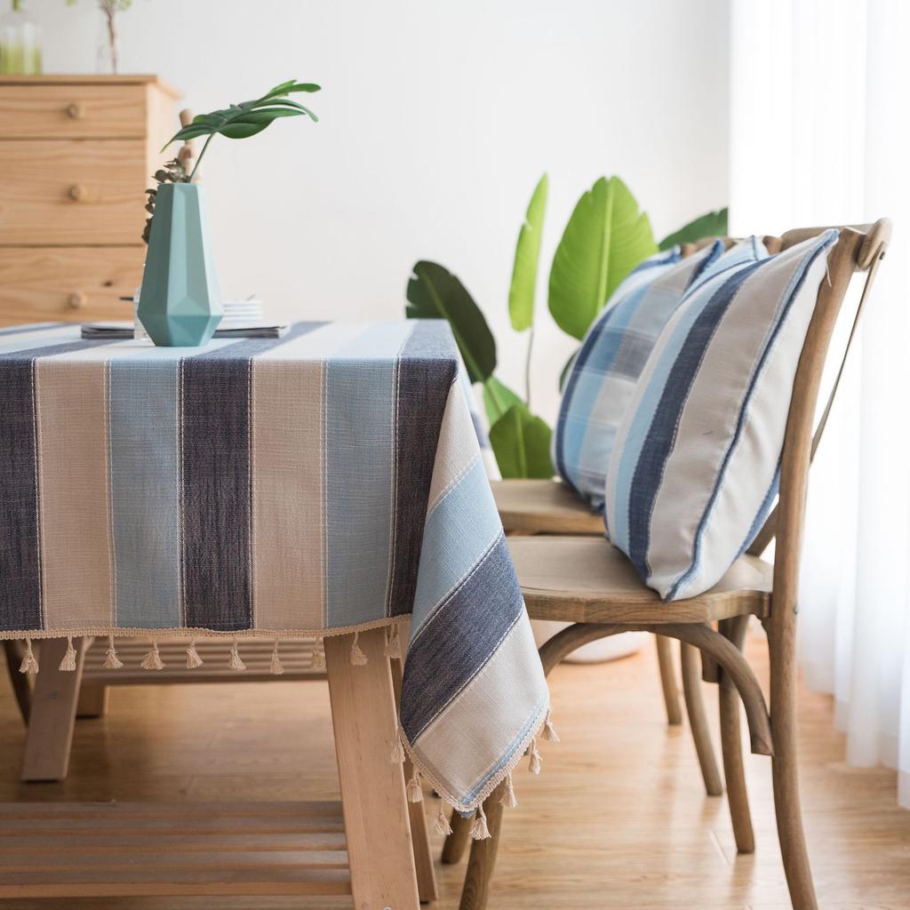 Striped Waterproof Tablecloth Mediterranean Style Blue Fabric Cotton and Linen Dining Table Rectangular Coffee Table Cloth