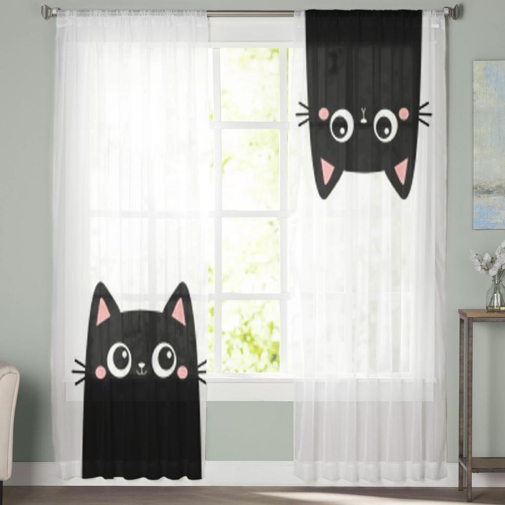 Two Black Kitten Sheer Curtains For Living Room Window Transparent Voile Tulle Curtain Bedroom Drapes Home Decor