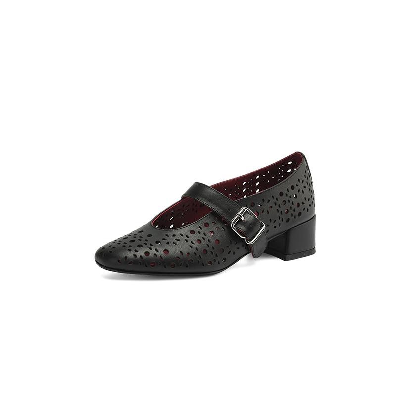 Fashion New Spring/autumn Genuine Leather Women Shoes Round Toe Shoes for Women Fashion Hollow Out Mary Jane Shoes Mid Heels Women Pumps