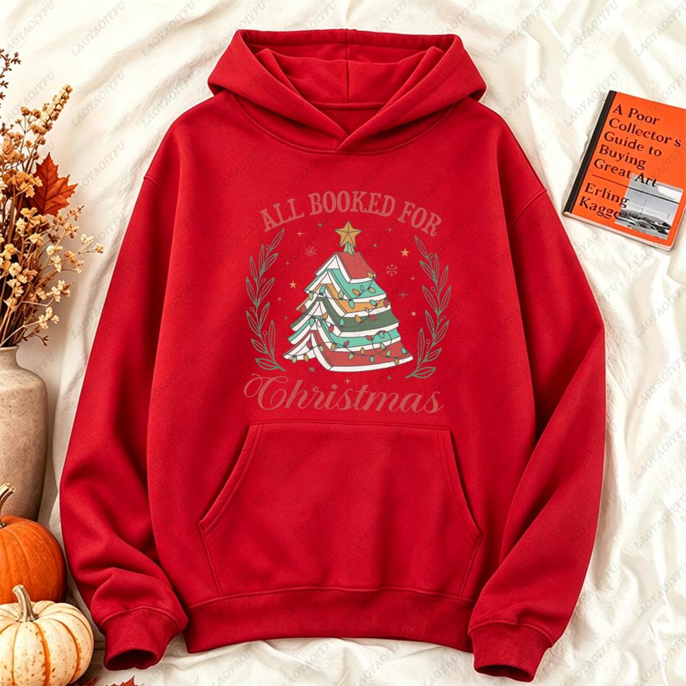 All Booked for Christmas Book Tree Hoodies Women Retro Bookworm Graphic Sweatshirt Aesthetic Winter Oversized Streetwear