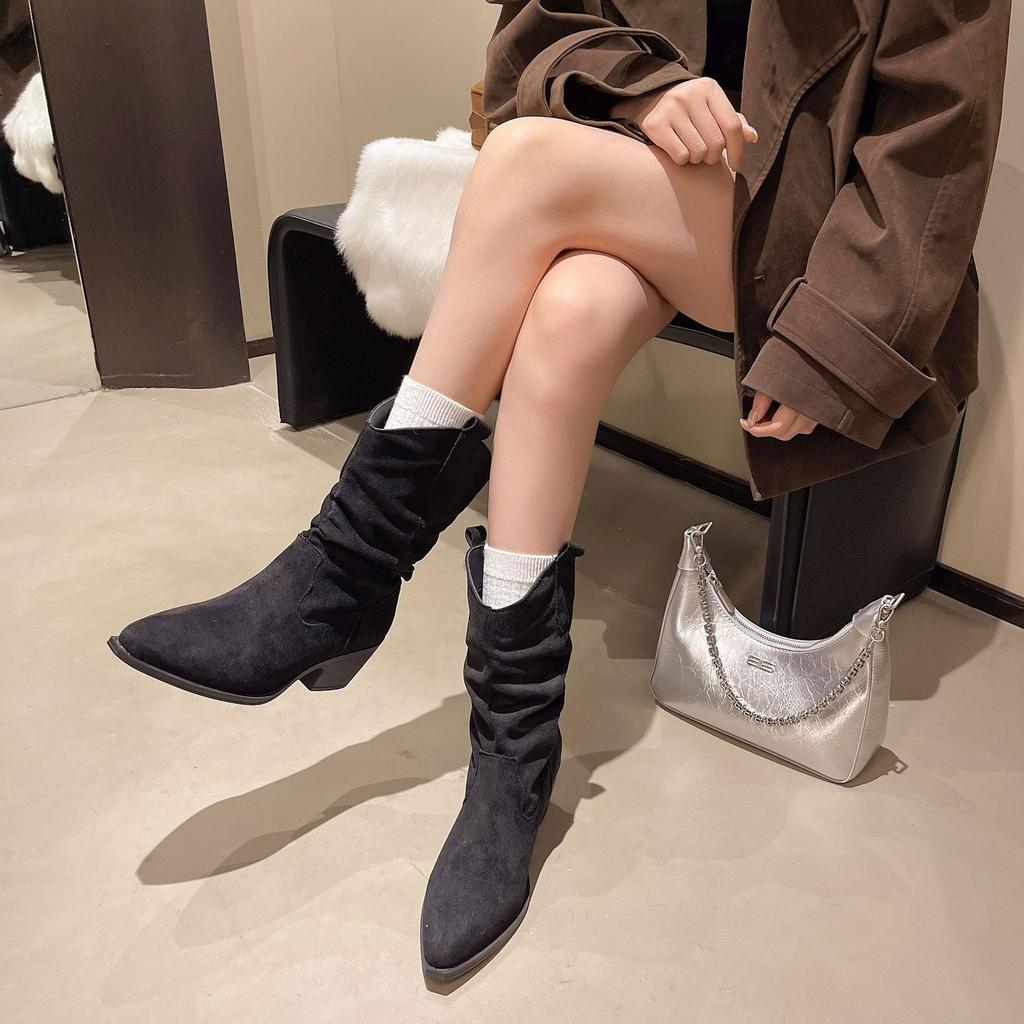 Knight Boots Suede 2025 Autumn Mid-tube Boots Pointed Head Beautiful Thick Heel Piled Boots Women's Retro Folds New Thin Rad