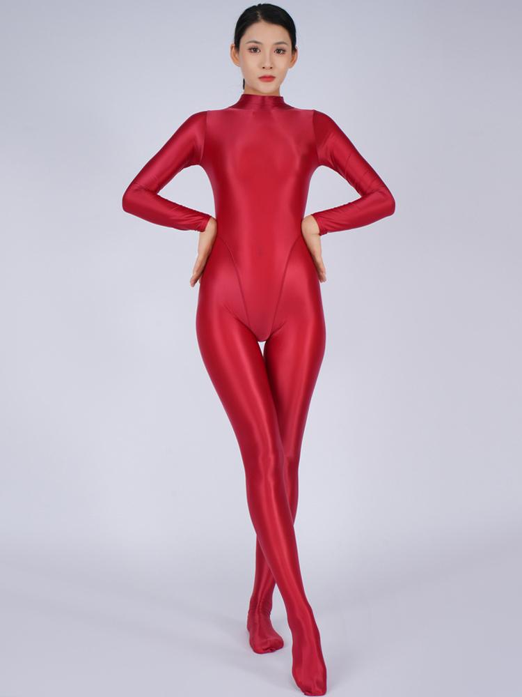 Sexy Women Candy Color Jumpsuit High Elastic Slip Satin Shiny Bodysuit Skinny Slimming Tights Full Body Leotard Shaper Wear