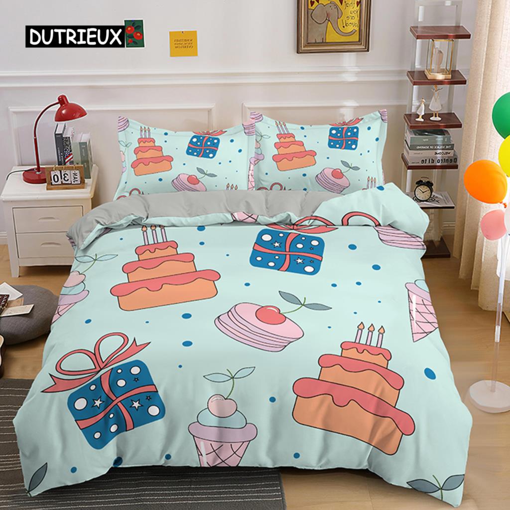 Kreskówkowy Król Królowa Poszwa na Kołdrę Deser Babeczka Lody Zestaw Pościeli Dziecko Szczęśliwe Urodziny Poliestrowa Poszwa na Kołdrę Prezenty dla Dzieci