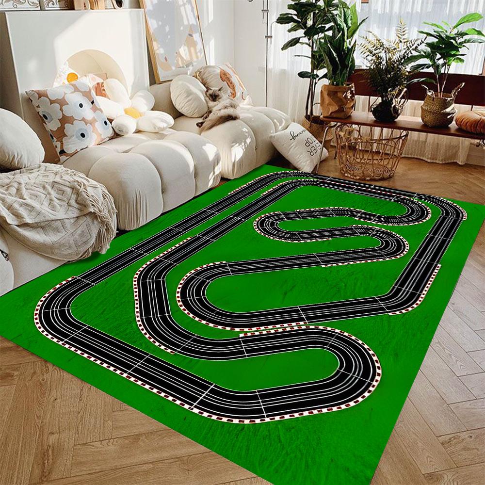 Interactive Race Track Play Rug for Kids Educational Car Play Mat Non Slip Roadway Carpet for Bedroom Playroom Game Area Decor