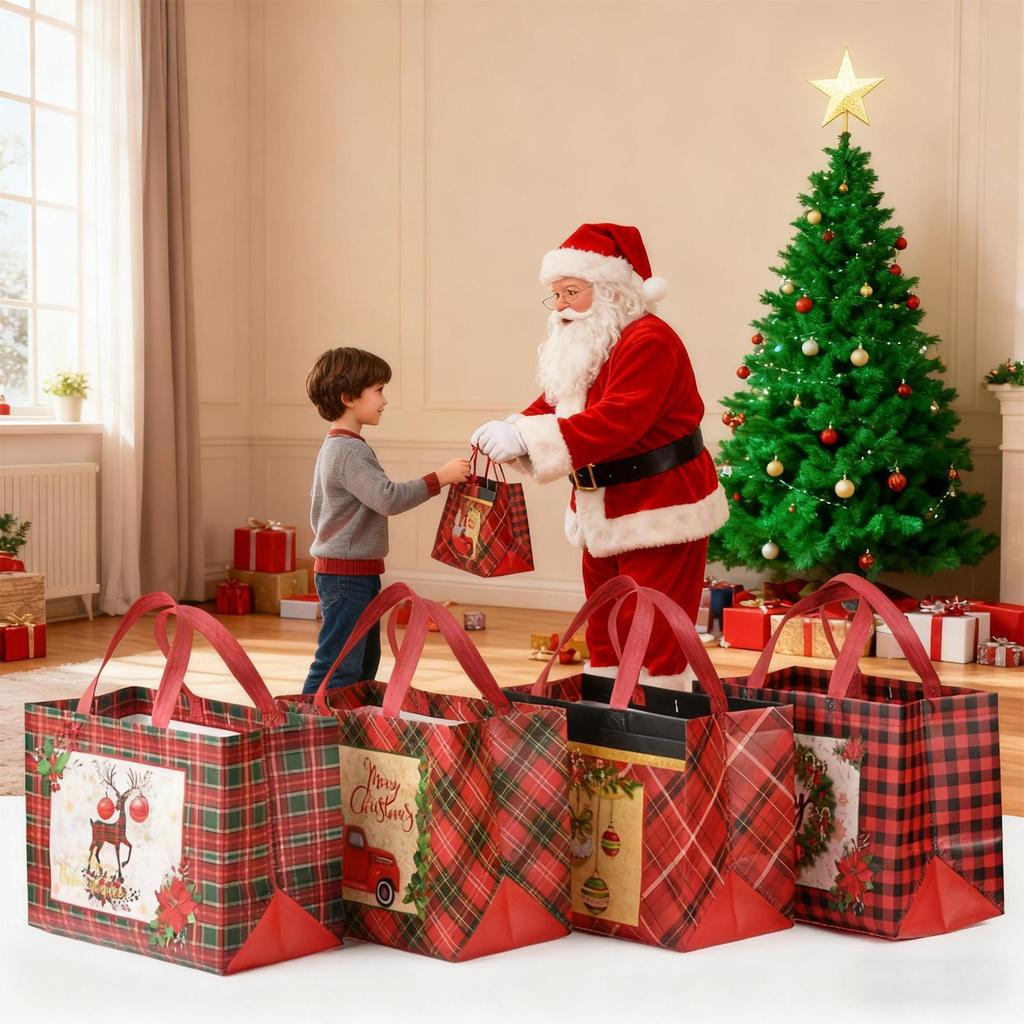 Christmas Bags 12 Pieces Non Woven Festive Wrapping Sacks Holiday Treat Bags With Handles For Party Favors Treat Chocolate Candy
