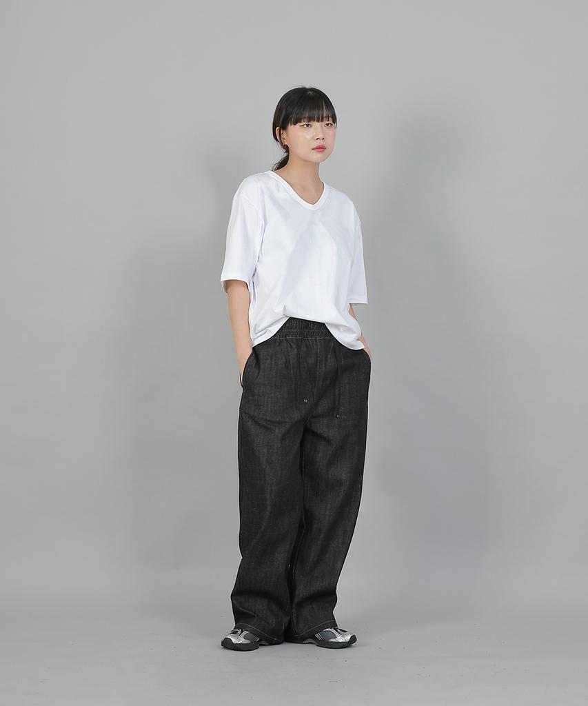 SAINTCREW Pocketless Work Elastic Waist Wide Pants Eww-385 Denim Black