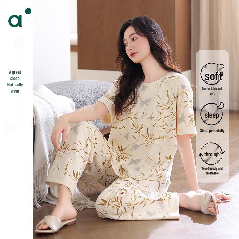 Women's Spring/Summer Short Sleeve Cotton Pajamas Set - Lightweight, Casual Style for Indoor/Outdoor Wear