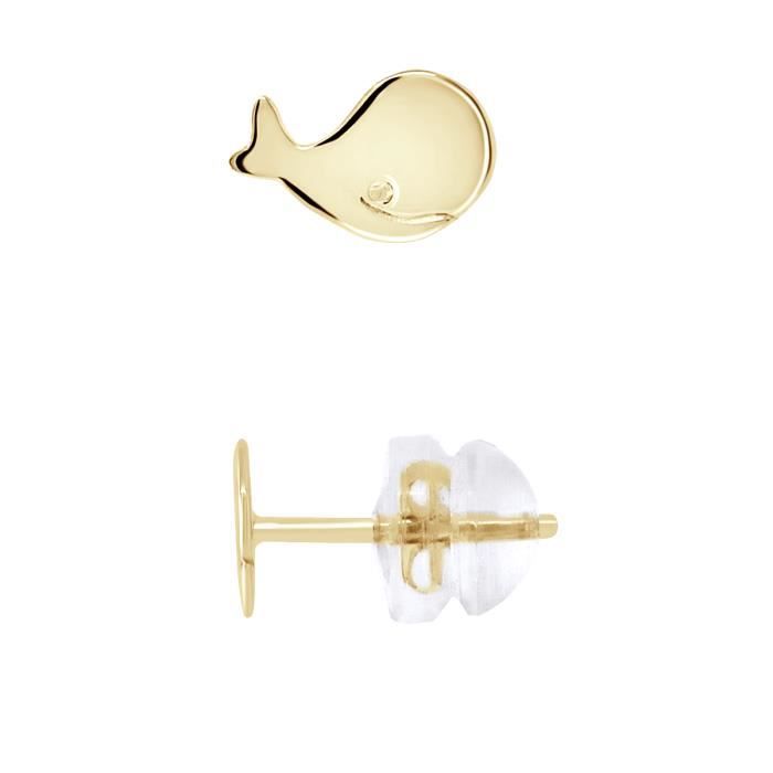 LÉA & ARTHUR - Boucles d'Oreilles Enfants Motifs BALEINE Or Jaune 375 Millièmes - Système Poussettes SILICONOR - Bijou Enfant