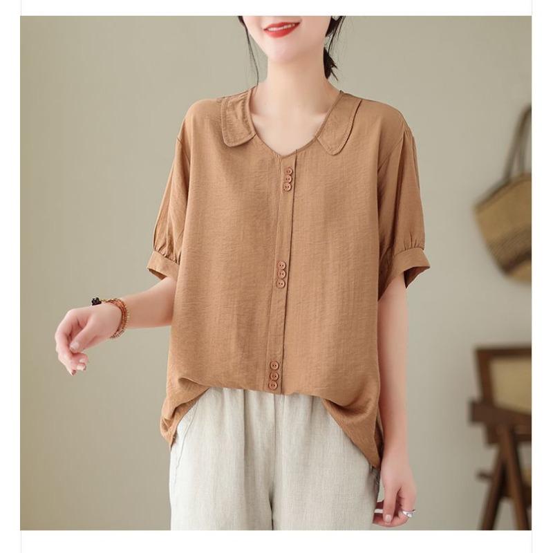 Women's Solid Color Peter Pan Collar Loose Short Sleeve Shirt Casual Artistic Office Top