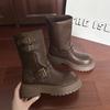 Design Belt Buckle Woman Short Boots Fashion Platform Heels Knight Booties Autumn Winter Ladies Shoes  Mujer
